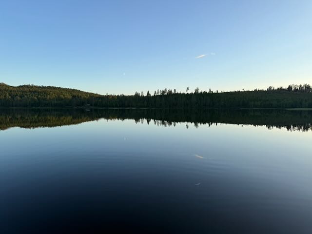 A calm lake reflecting the forest under a clear sky