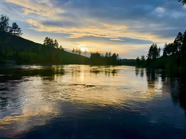Sunset light on a wide river, with forested banks on both sides